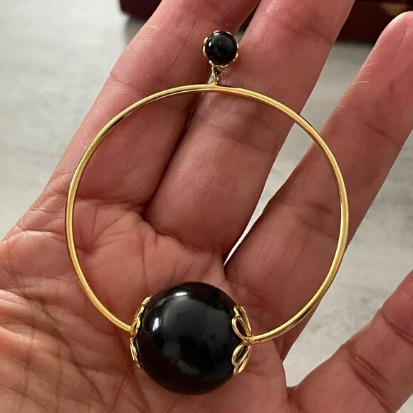 Kate Spade Pearlette Black Ball Charm Pierced Front Drop Hoop Gold Tone Earrings - Picture 3 of 7